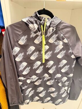 The North Face Kids' Gray & White Logo Rain Pullover with Lime Zip